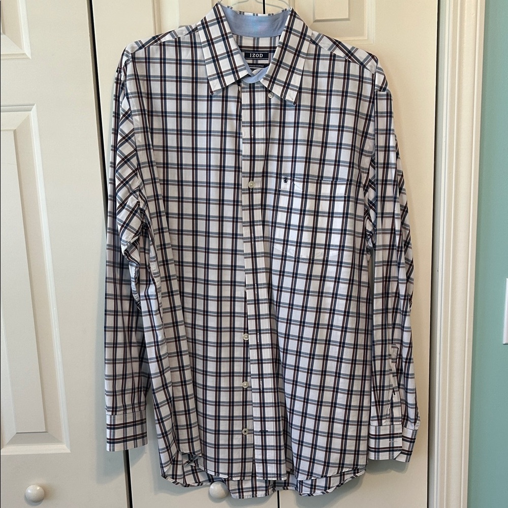 Izod White Plaid Button-Down Shirt with Navy and Light Blue